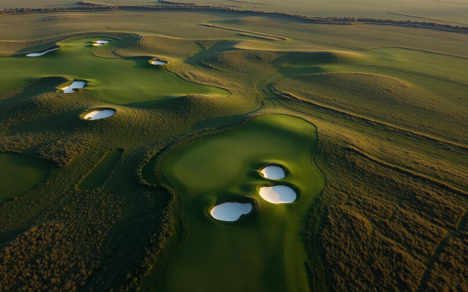 Aerial view of a golf course with bunkers at golden hour